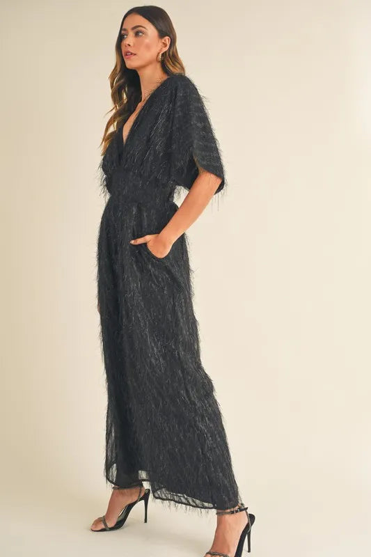 MABLE Fluffy Deep V Neck Wide Leg Jumpsuit Jumpsuits