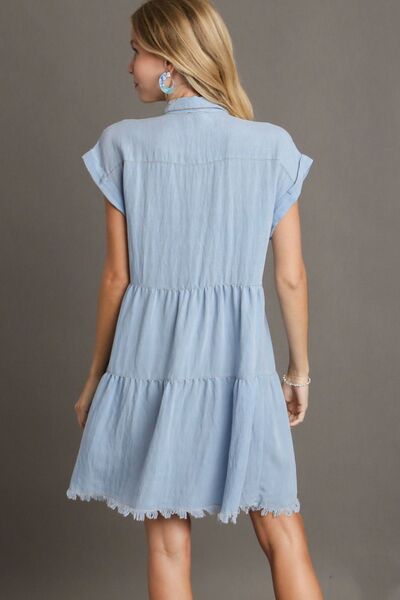 Umgee Frayed Hemline Button Down Shirt Dress Mini Dresses