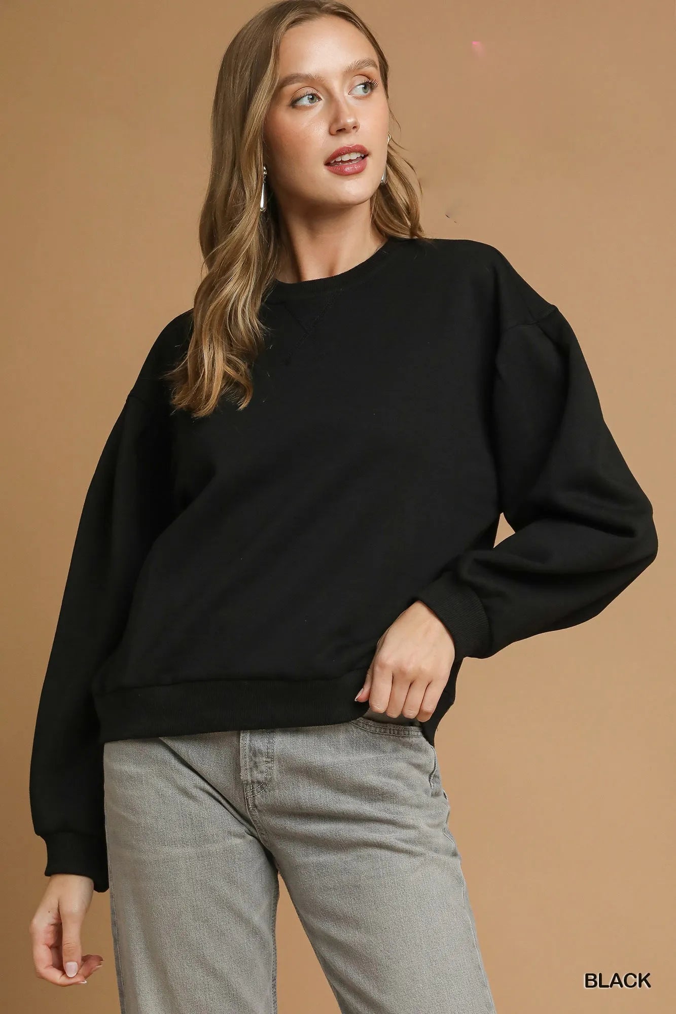 Umgee Round Neck Sweatshirt with Pleated Detail Black