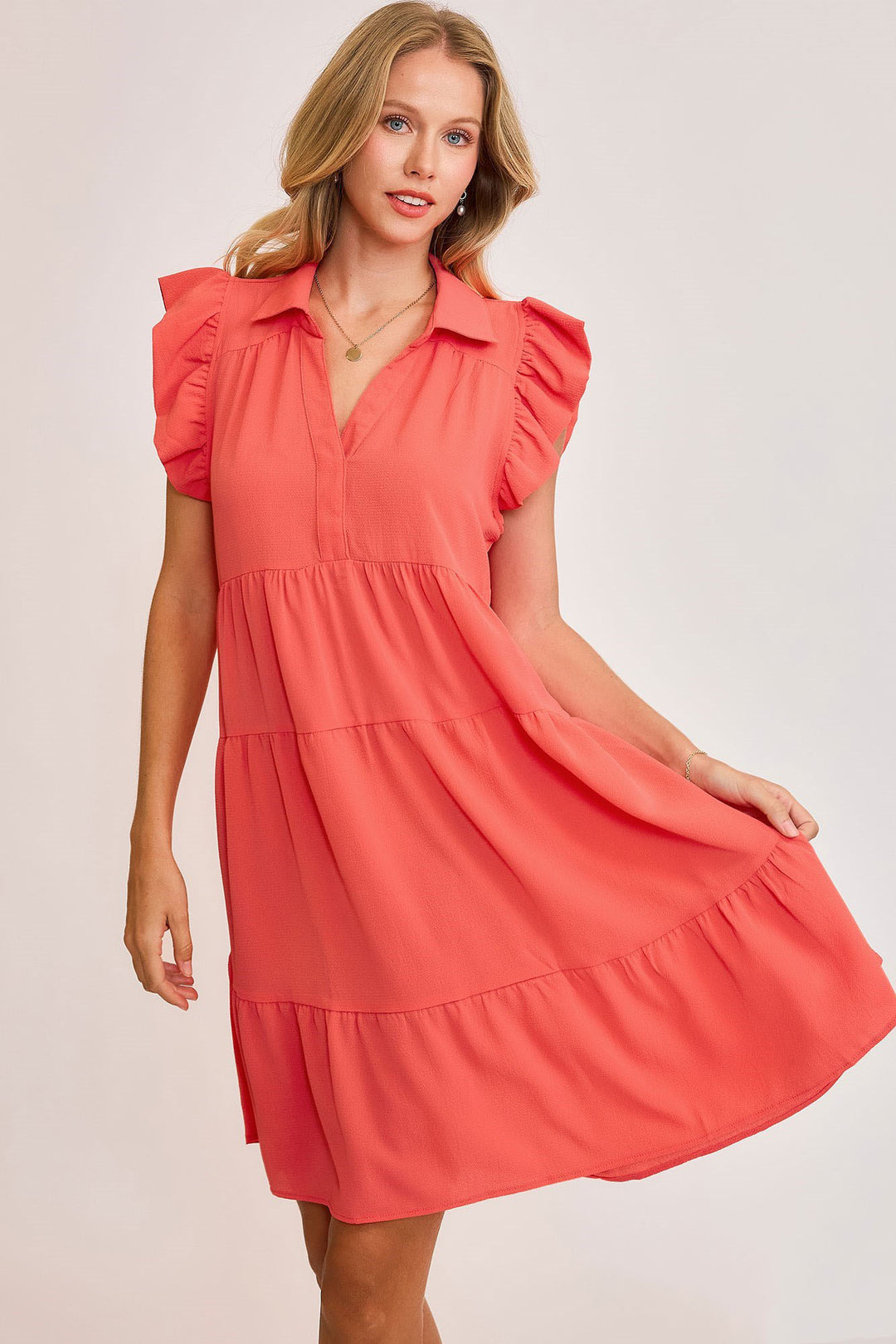 Umgee Johnny Collar Ruffle Cap Sleeve Tiered Dress Strawberry Knee Length Dresses