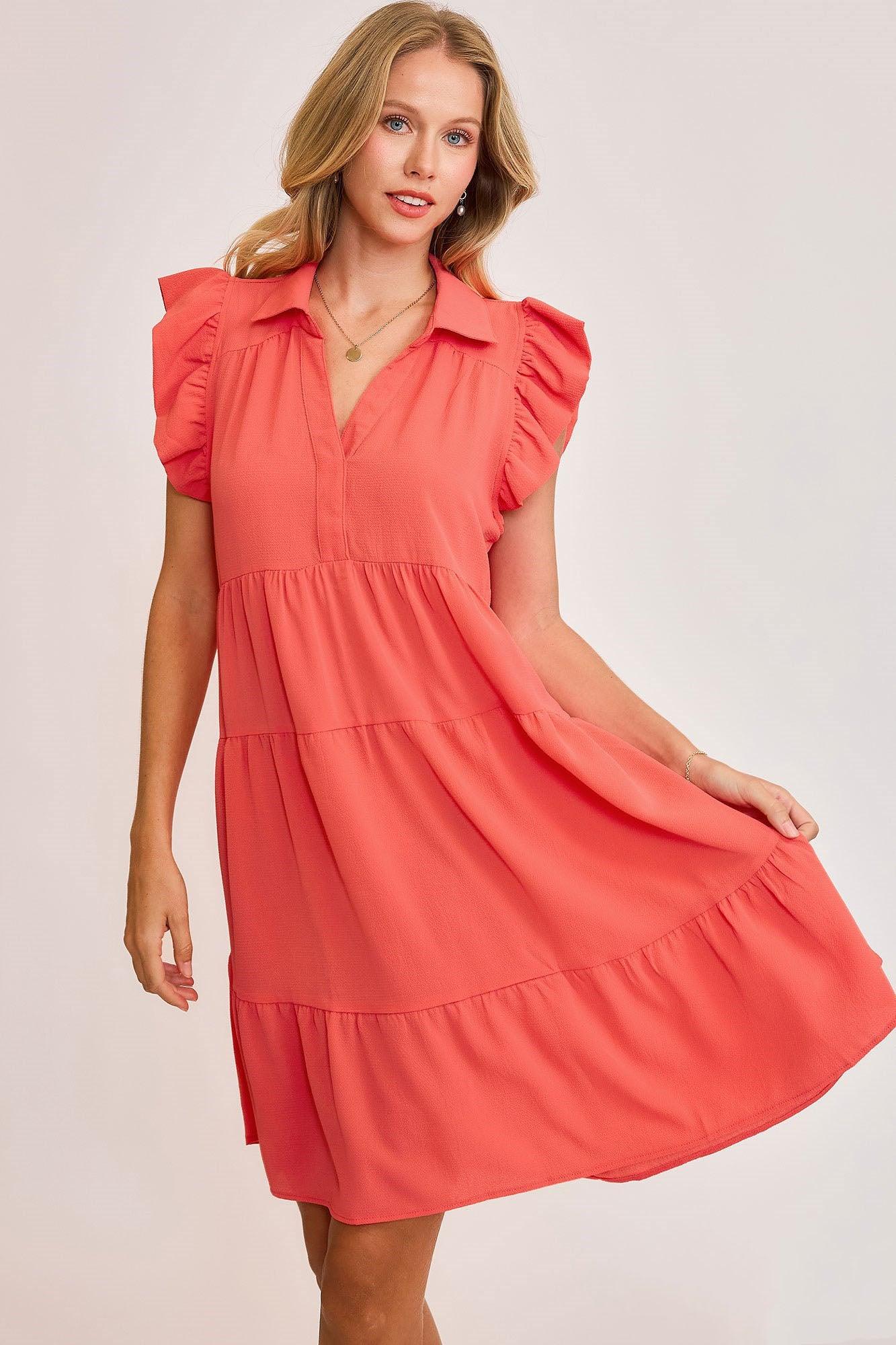 Umgee Johnny Collar Ruffle Cap Sleeve Tiered Dress Strawberry 1XL Knee Length Dresses