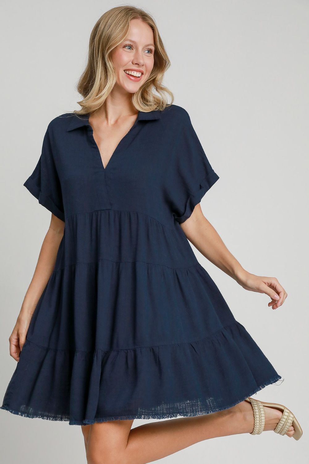 Umgee Full Size Raw Hem Folded Sleeve Tiered Dress Plus Size Mini Dresses