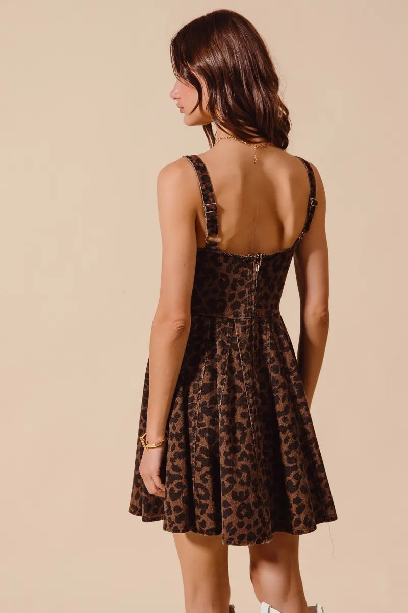 SO ME Mineral Washed Leopard Flare Cami Dress Mini Dresses