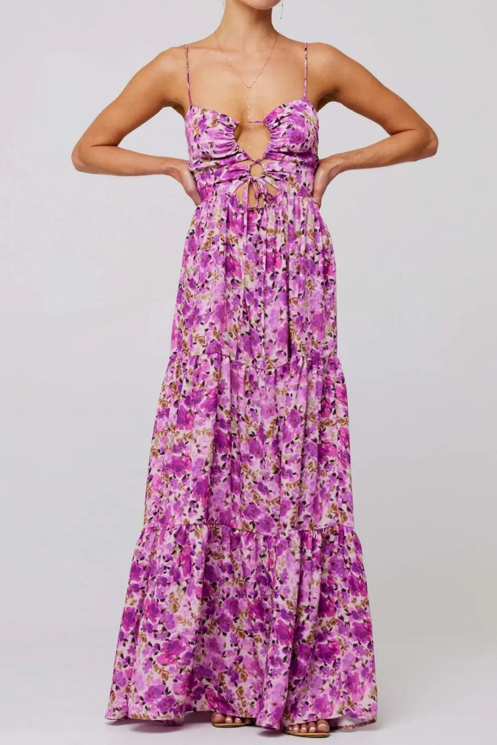 Floral print tie front tiered maxi dress in vibrant purple