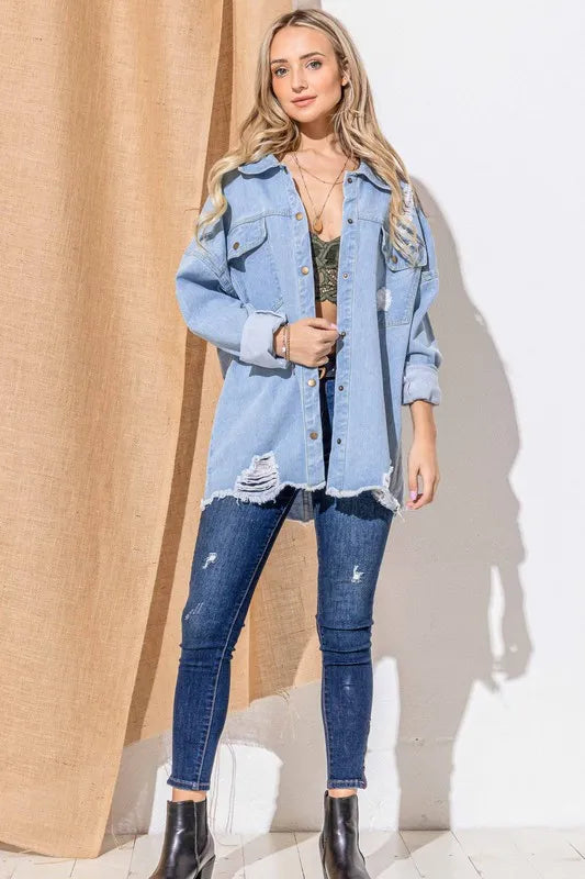 And The Why Button Front Flap Pocket Ripped Denim Jacket | Denim Jackets Daverri Fashions