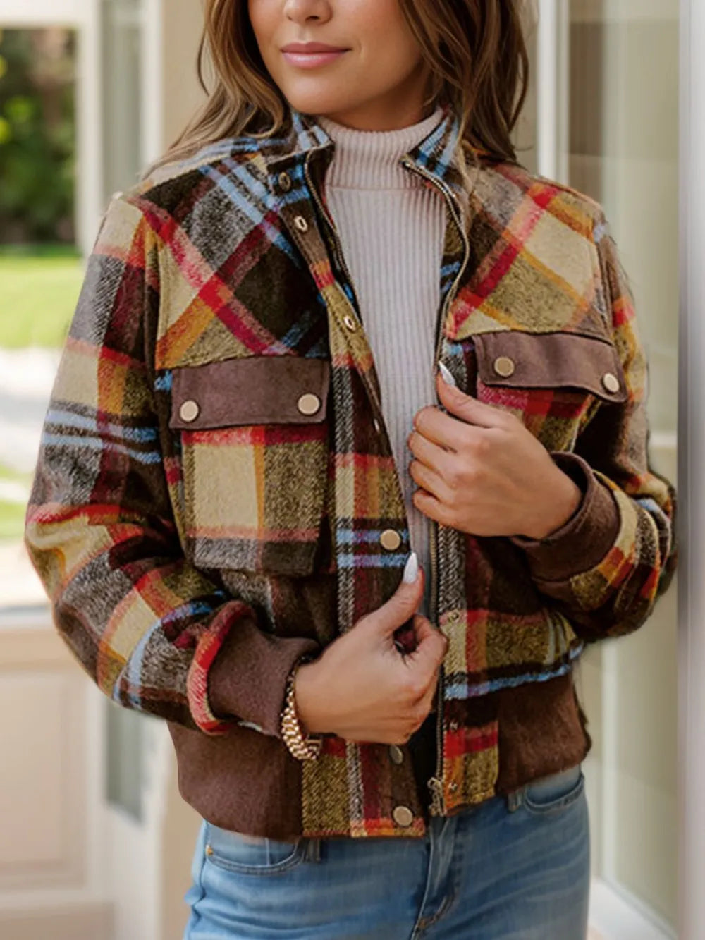 Women’s Pocketed Long Sleeve Plaid Flannel Jacket in Brown, Red, Beige