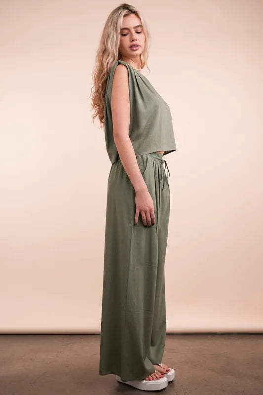 VERY J Solid Woven Top & Pants Set Outfit Sets