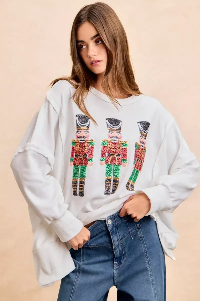 BiBi Christmas Sequin Nutcrackers Embroidery Sweatshirt - DAVERRI FASHIONS