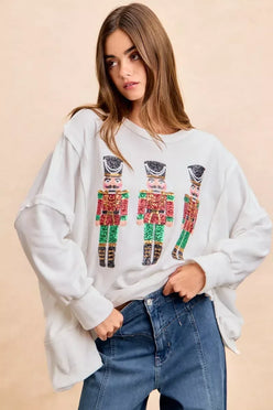 BiBi Christmas Sequin Nutcrackers Embroidery Sweatshirt - DAVERRI FASHIONS
