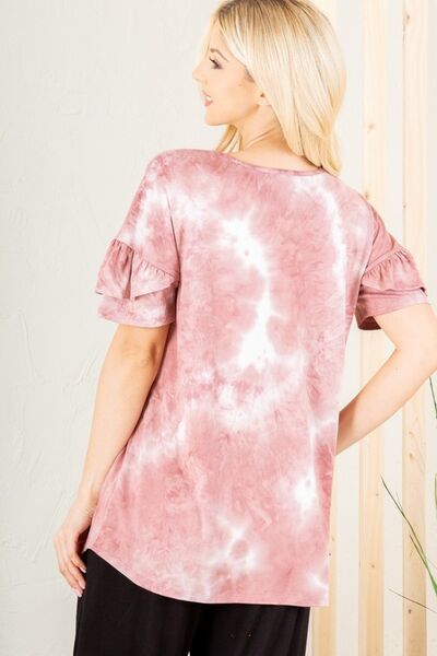 Heimish Full Size Ruffled Sleeve Tie Dye Top Plus Size