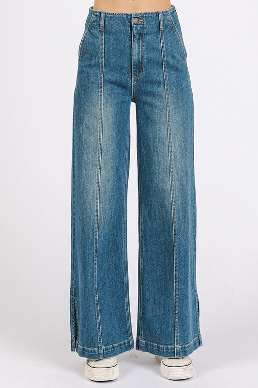 Mittoshop Medium Wash Seam Detail Wide Leg Denim Jeans Jeans