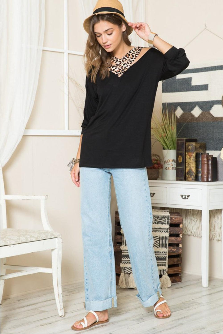 Leopard Braided Strap Long Sleeve T-Shirt Shirts & Tops