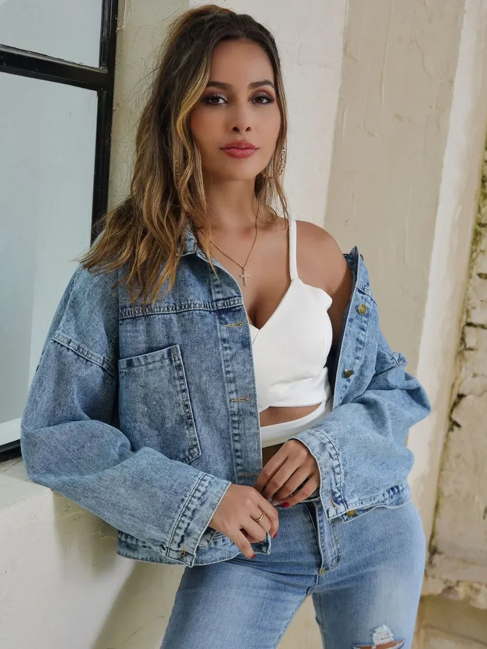 Button Down Drop Shoulder Denim Jacket - DAVERRI FASHIONS