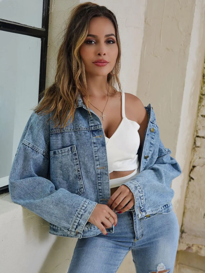 Button Down Drop Shoulder Denim Jacket | Denim Jackets Daverri Fashions