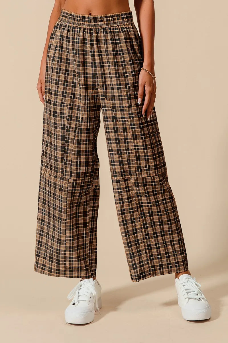 SO ME Check Plaid Wide Leg Pants with Big Patch Pockets BLACK CAMEL