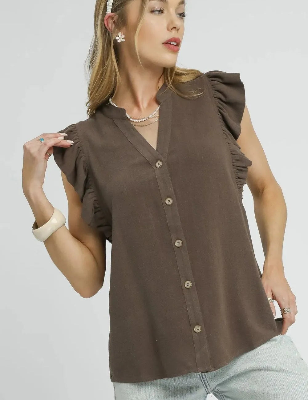 Coffee Brown Umgee Linen Ruffle Sleeve Button-Down Shirt | Shirts Daverri Fashions