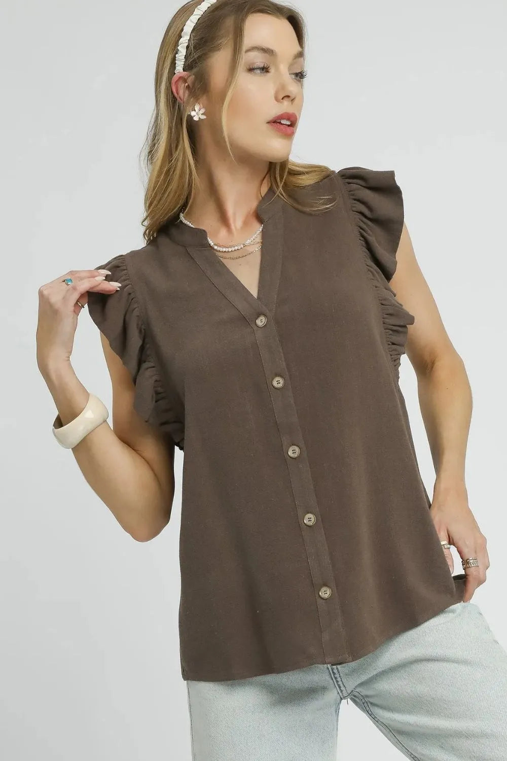 Coffee Brown Umgee Linen Ruffle Sleeve Button-Down Shirt | Shirts Daverri Fashions