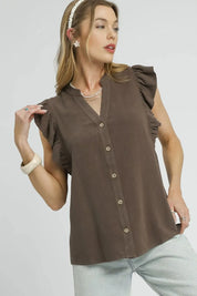 Coffee Brown Umgee Linen Ruffle Sleeve Button-Down Shirt | Shirts Daverri Fashions