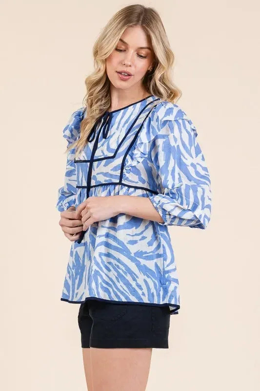Lime 'N' Chili Graphic Print Solid Trim Quarter Sleeve Blouse - DAVERRI FASHIONS