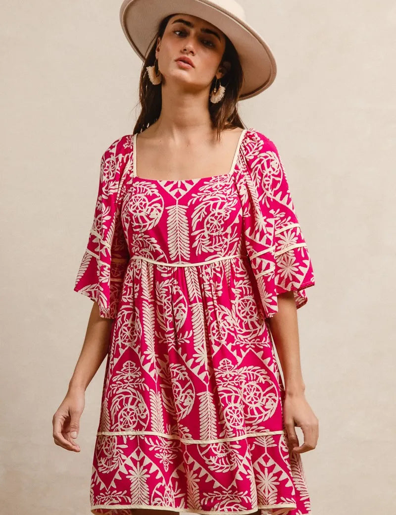 BiBi Aztec Woven Printed Contrast Binding Dress | Mini Dresses Daverri Fashions