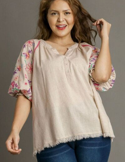 Umgee Half Button Top with Embroidery Sleeves Tops