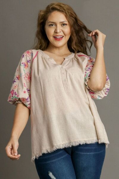 Umgee Half Button Top with Embroidery Sleeves Tops