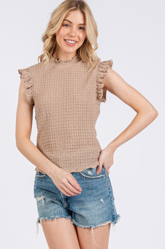 Ces Femme Texture Mock Neck Ruffle Cap Sleeve Blouse Camel