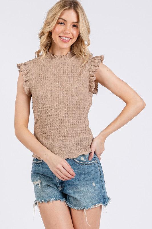 Ces Femme Texture Mock Neck Ruffle Cap Sleeve Blouse - DAVERRI FASHIONS