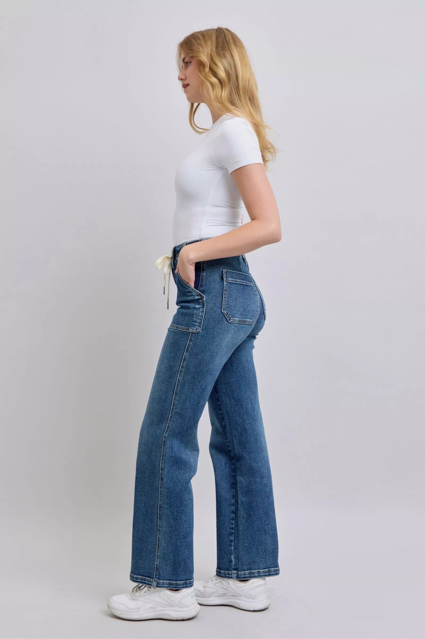 Judy Blue drawstring straight jeans with pockets, high-waisted blue denim flared leg