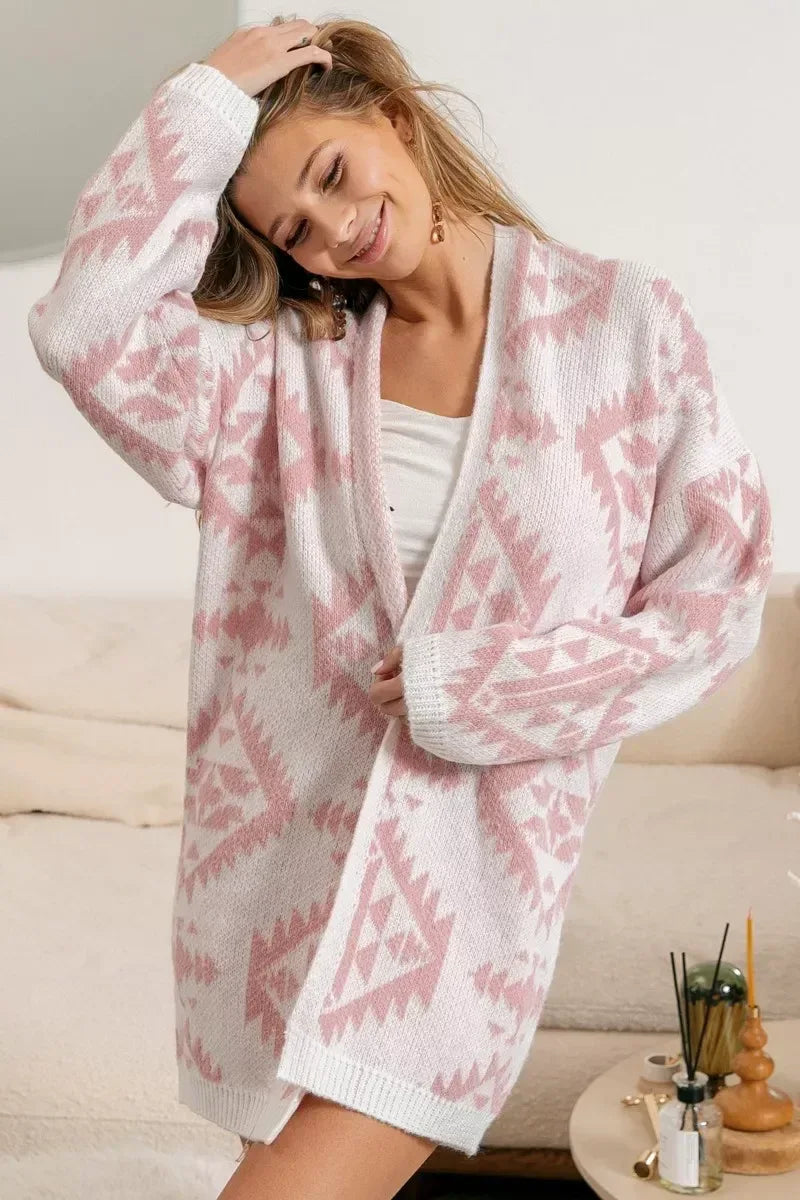 BiBi Aztec Pattern Open Front Cardigan - DAVERRI FASHIONS