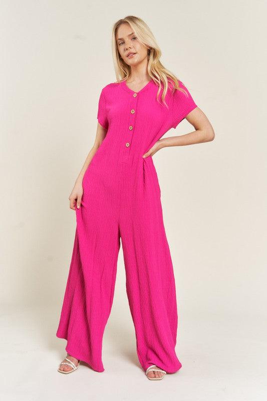 TEXTURED SHORT SLEEVE JUMPSUIT Jumpsuits