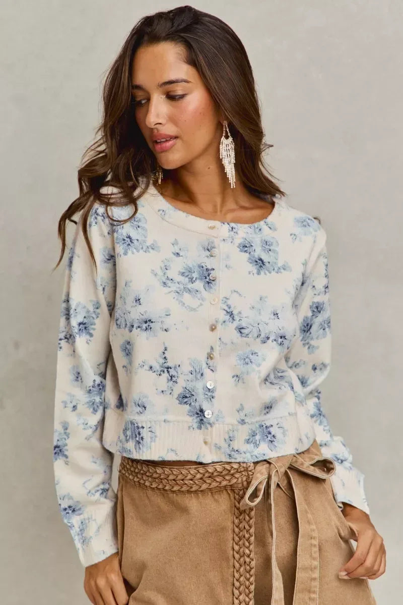 SO ME Vintage Floral Print Button Down Sweater Cardigan - DAVERRI FASHIONS