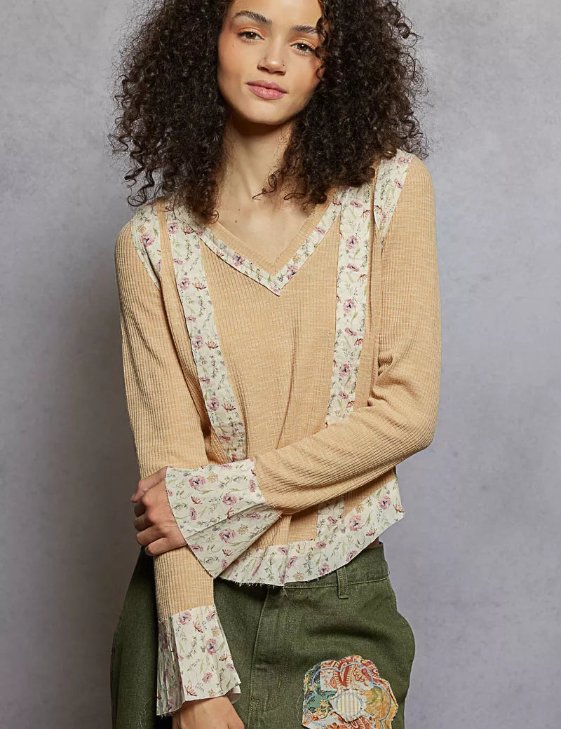 POL Floral Patch V-Neck Long Sleeve Ribbed Top | Daverri Fashions