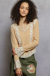 POL Floral Patch V-Neck Long Sleeve Ribbed Top | Daverri Fashions