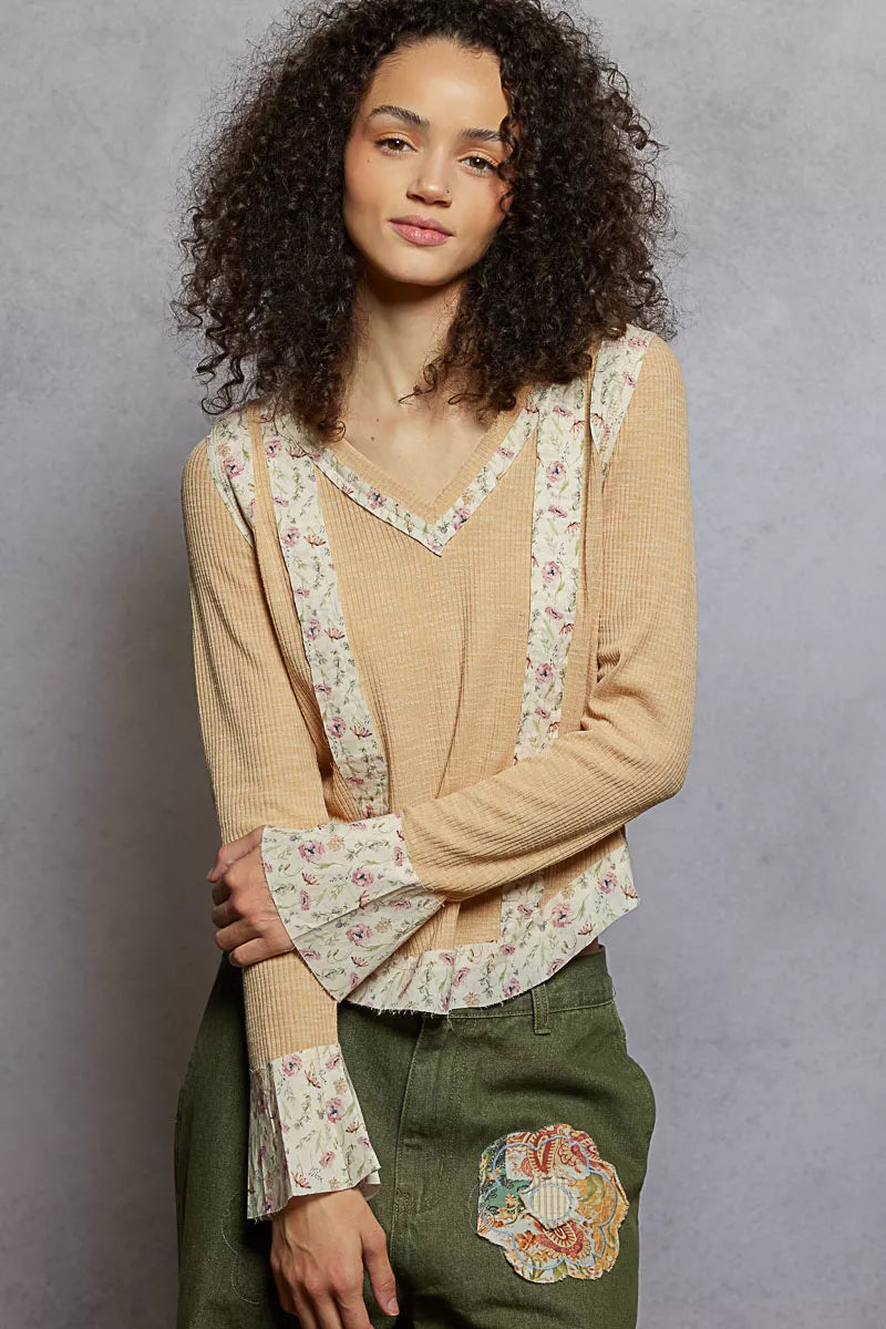 POL Floral Patch V-Neck Long Sleeve Ribbed Top | Daverri Fashions