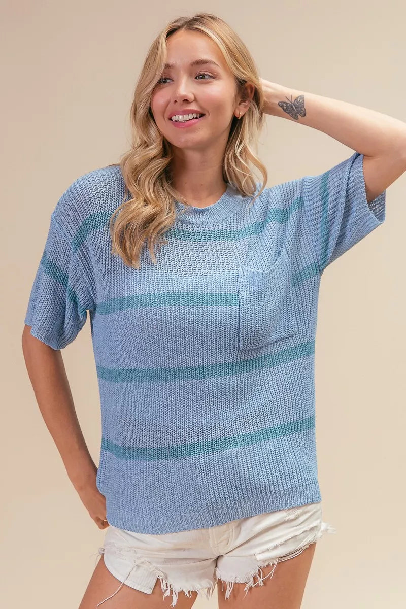 BiBi Patch Pocket Striped Lightweight Sweater Top in light blue and teal