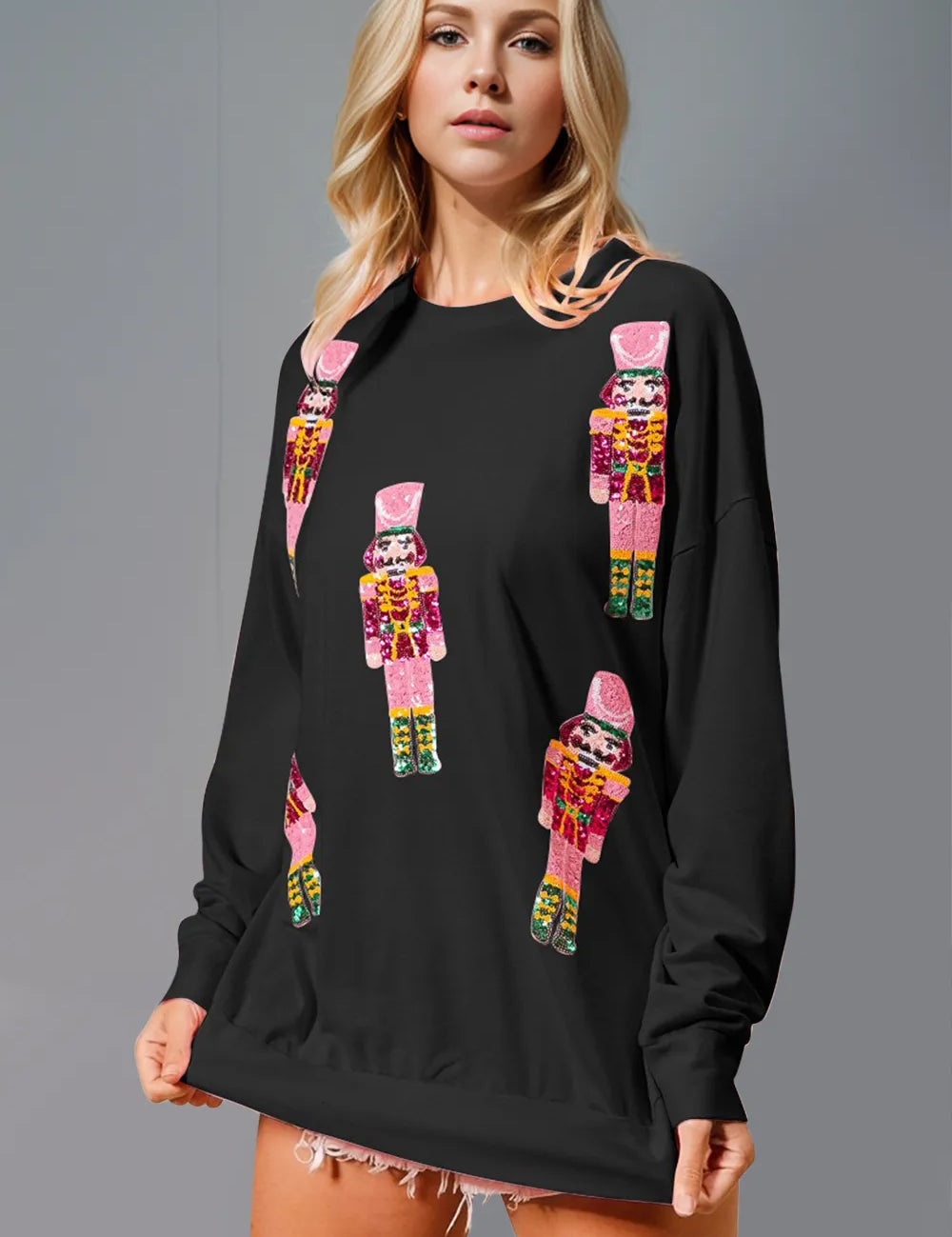 Black Double Take Sequin Nutcracker Round Neck Long Sleeve Sweatshirt | Sweatshirts Daverri Fashions
