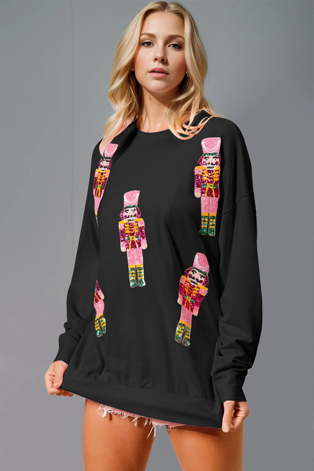 Black Double Take Sequin Nutcracker Round Neck Long Sleeve Sweatshirt | Sweatshirts Daverri Fashions