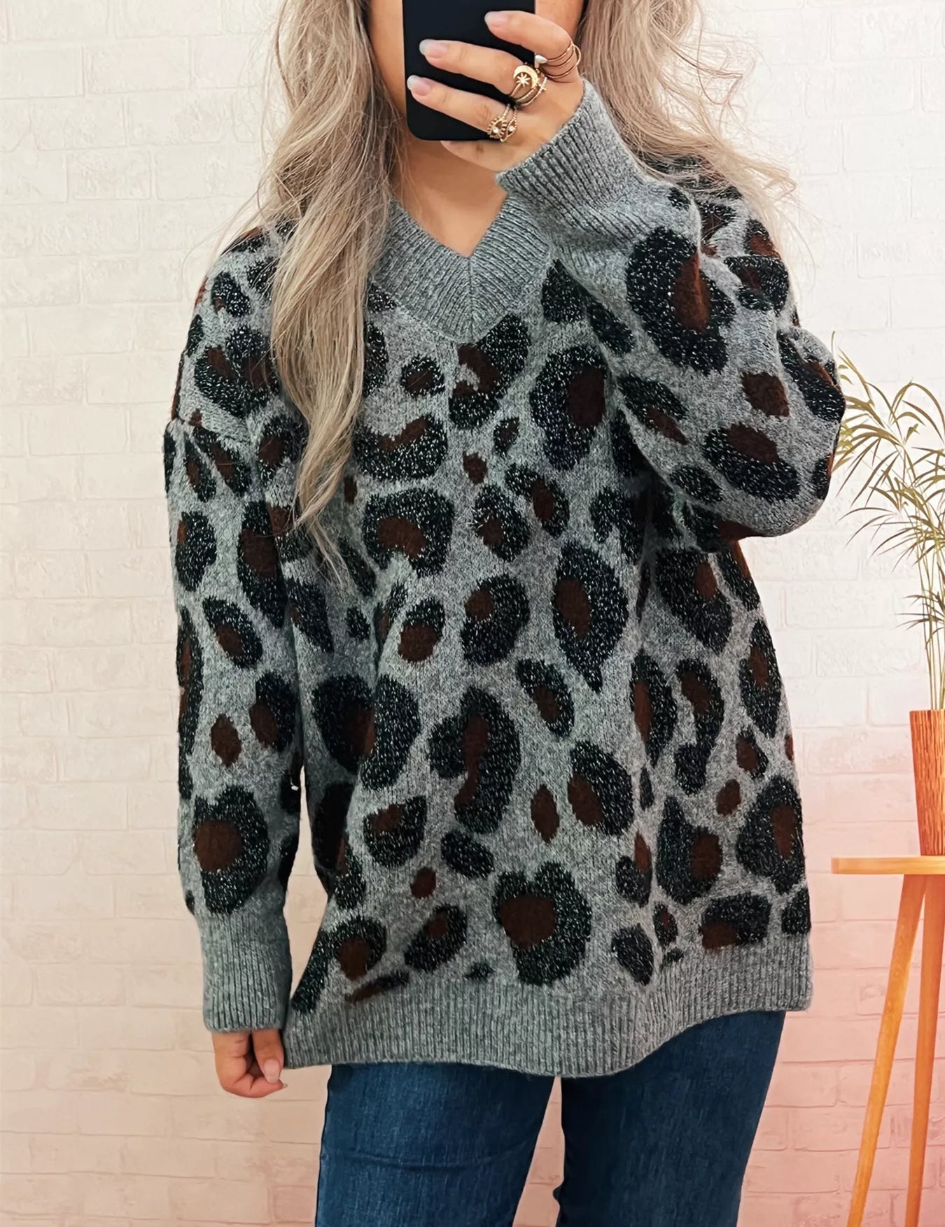 Leopard V-Neck Drop Shoulder Sweater | Sweaters Daverri Fashions