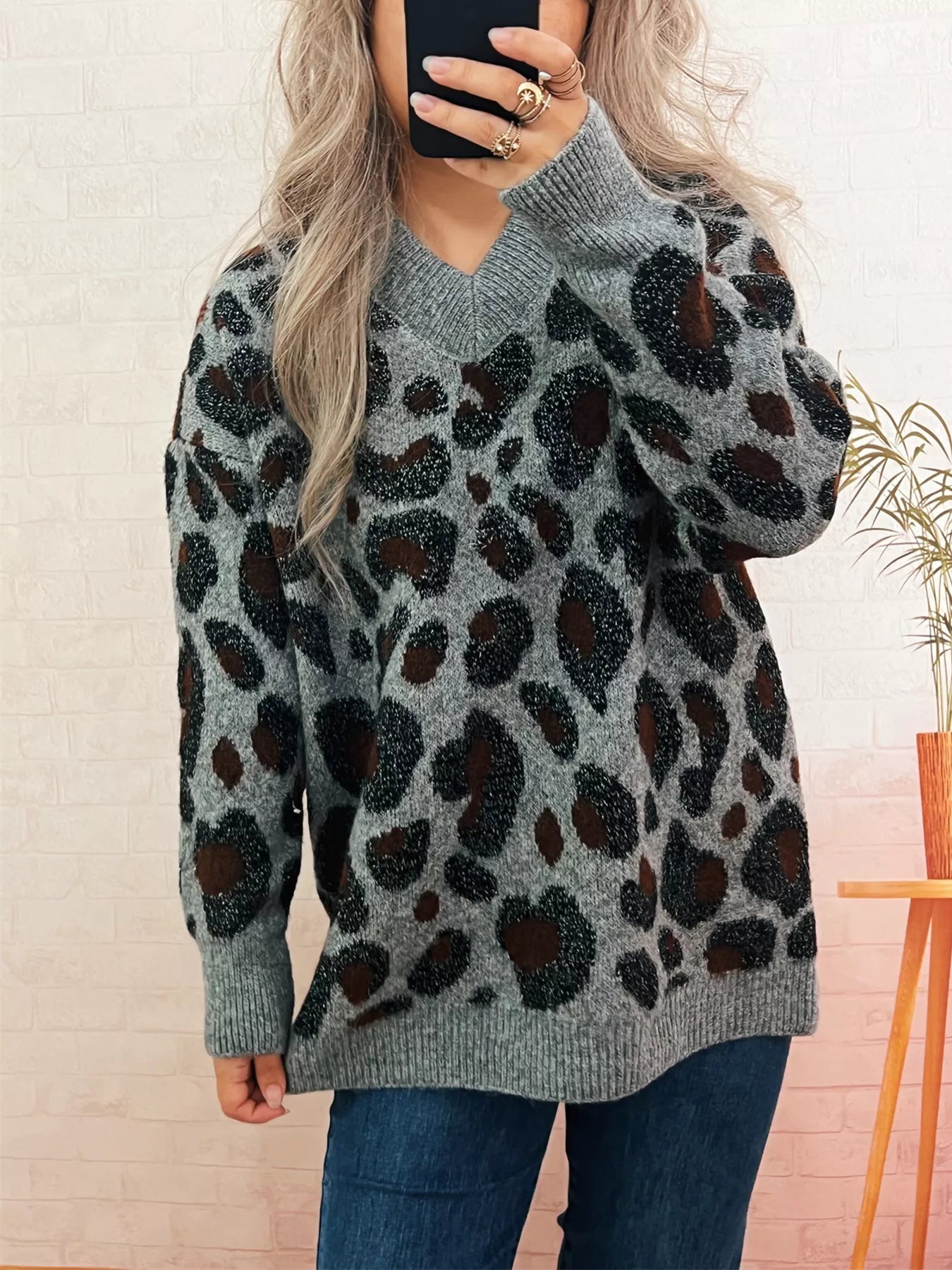 Leopard V-Neck Drop Shoulder Sweater | Sweaters Daverri Fashions