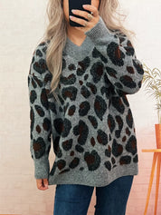 Leopard V-Neck Drop Shoulder Sweater | Sweaters Daverri Fashions