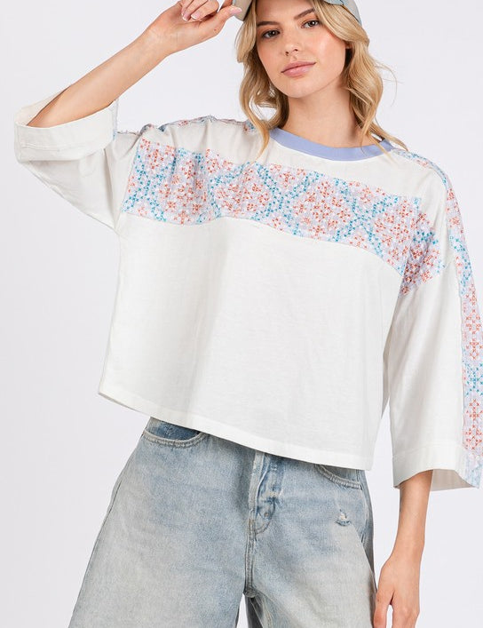 SAGE+FIG Patchwork Breeze Contrast Oversized T-Shirt White