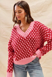 SO ME Color Block Textured Christmas Sweater V Neck Top | Sweaters Daverri Fashions