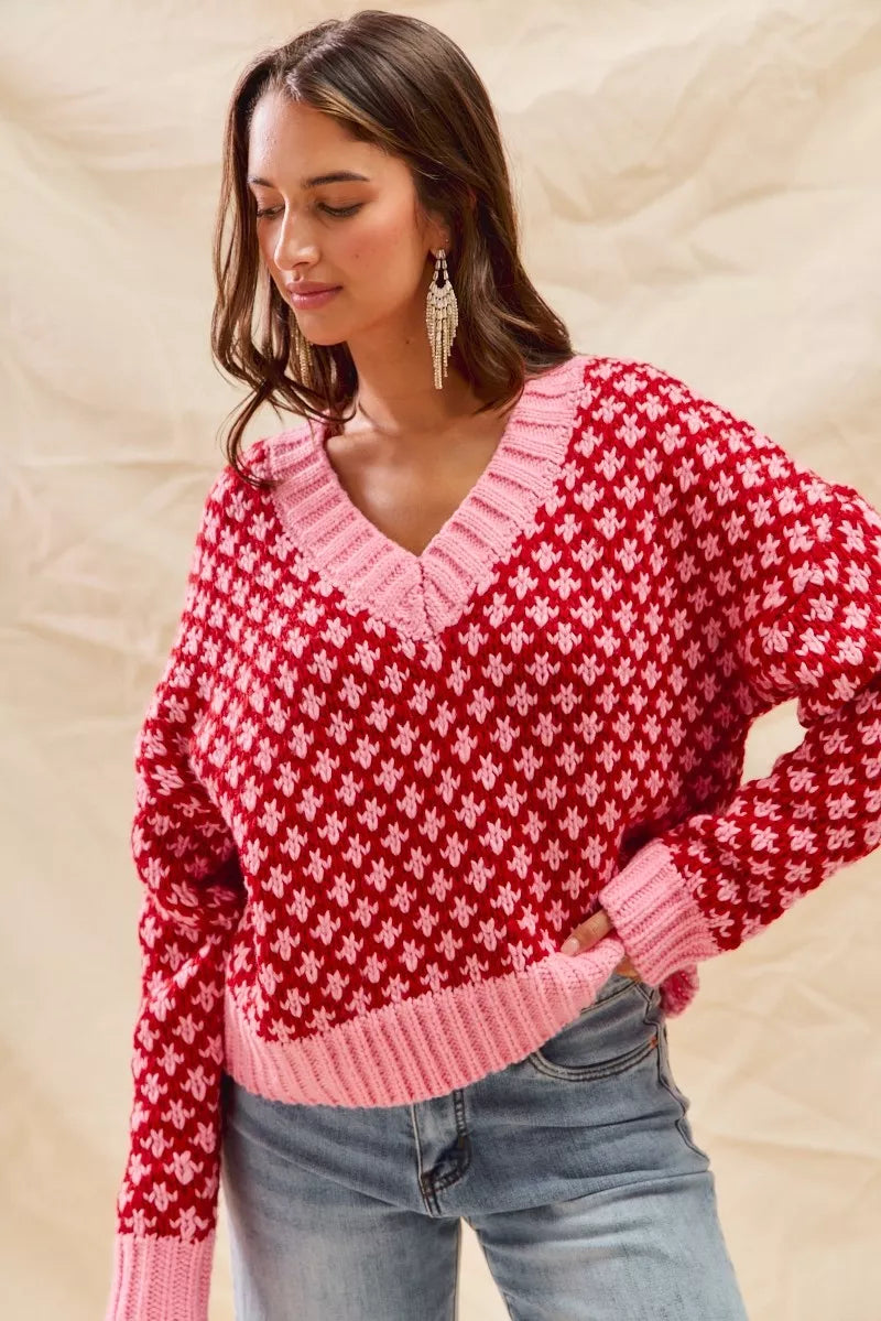 SO ME Color Block Textured Christmas Sweater V Neck Top | Sweaters Daverri Fashions