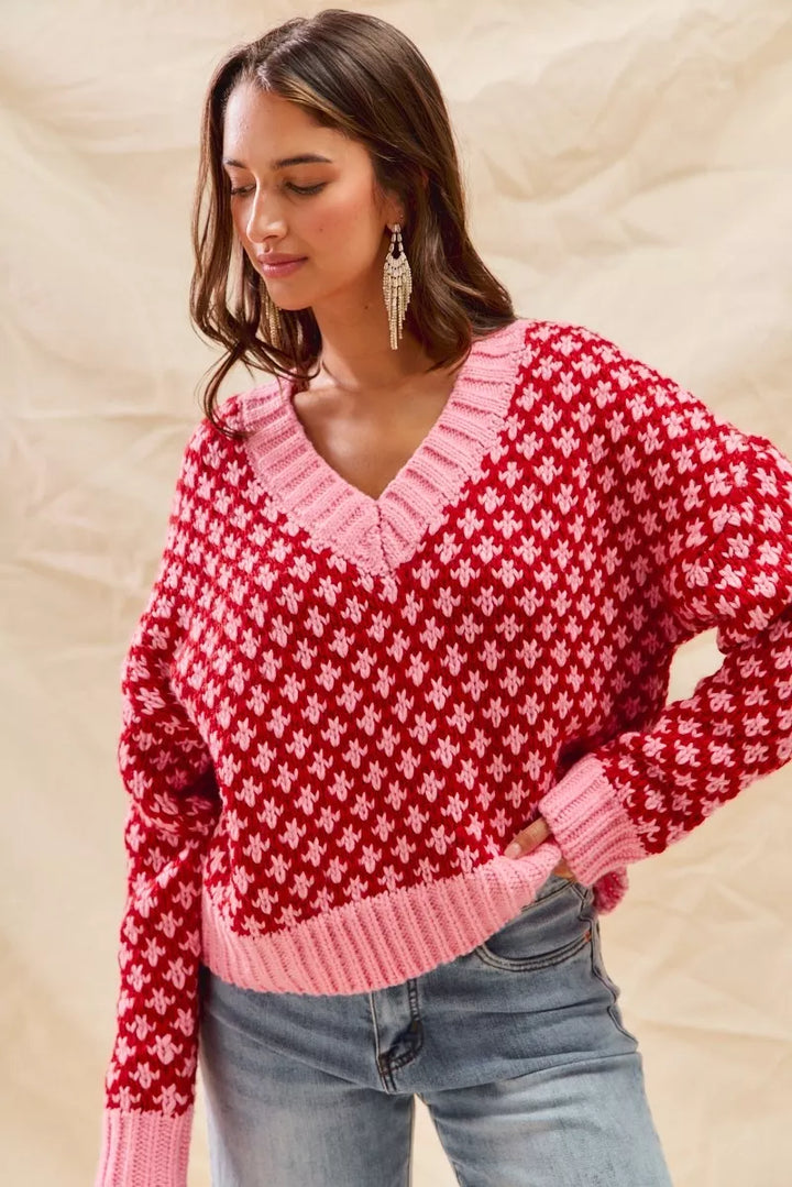 SO ME Color Block Textured Christmas Sweater V Neck Top | Sweaters Daverri Fashions