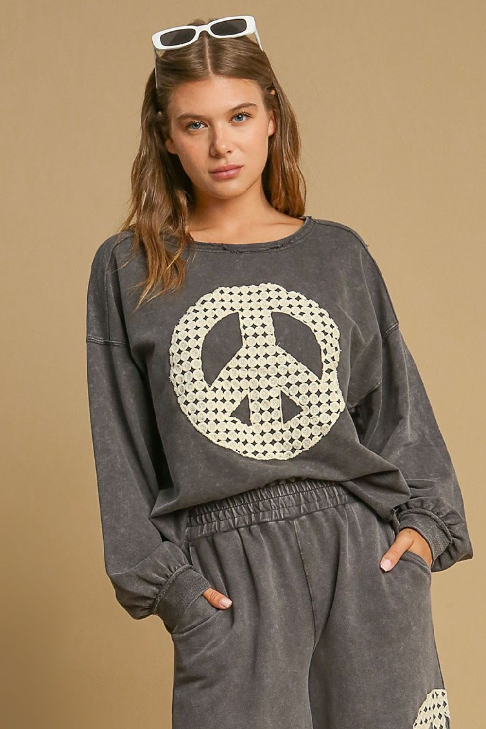 Umgee Full Size Peace Lace Applique Mineral Wash Sweatshirt Sweatshirts