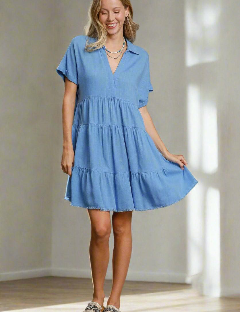 Sky Blue 1XL Umgee Full Size Sky Blue Raw Hem Folded Sleeve Tiered Dress | Mini Dresses Daverri Fashions