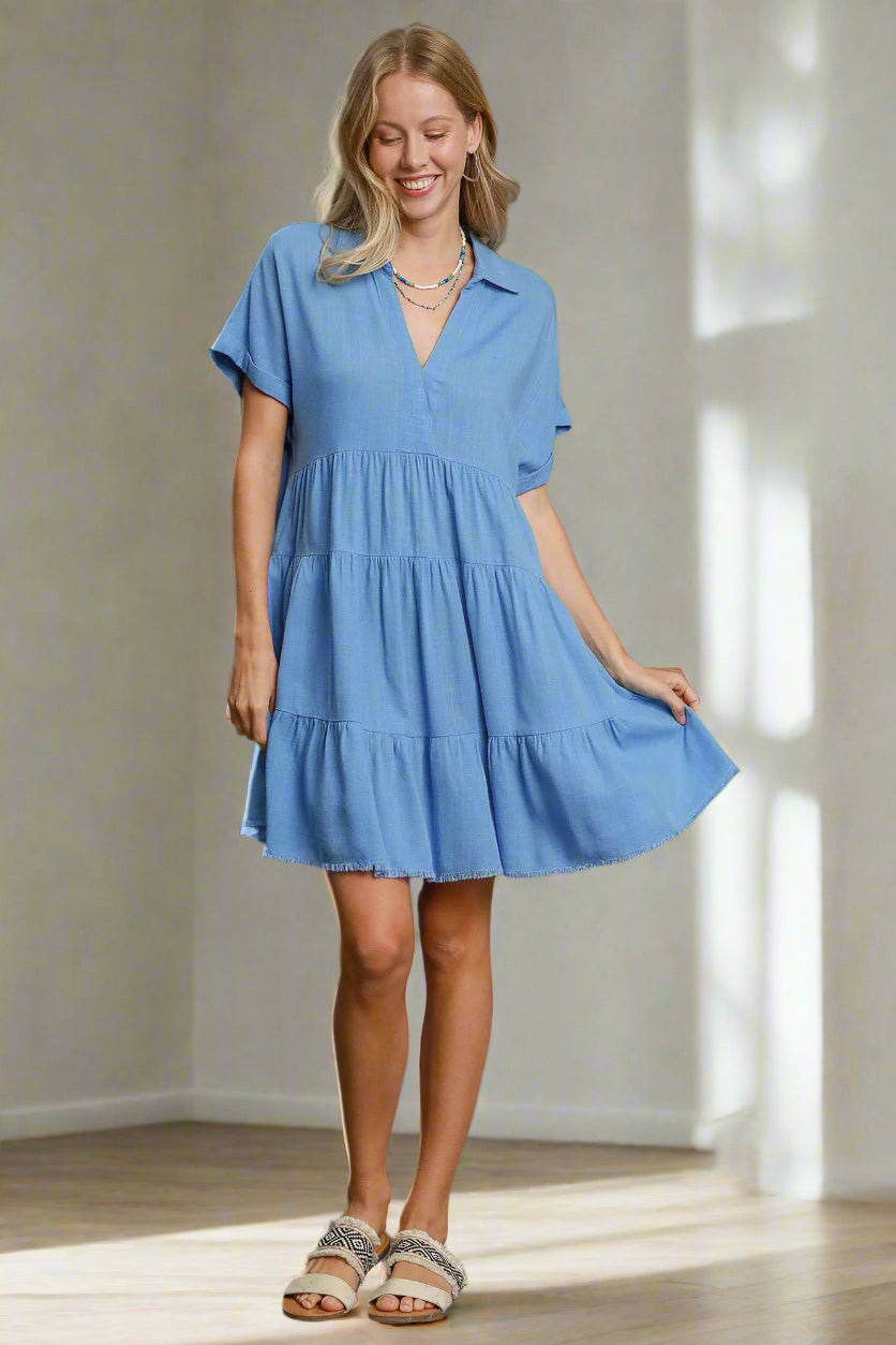 Umgee Full Size Sky Blue Raw Hem Folded Sleeve Tiered Dress Sky Blue Mini Dresses