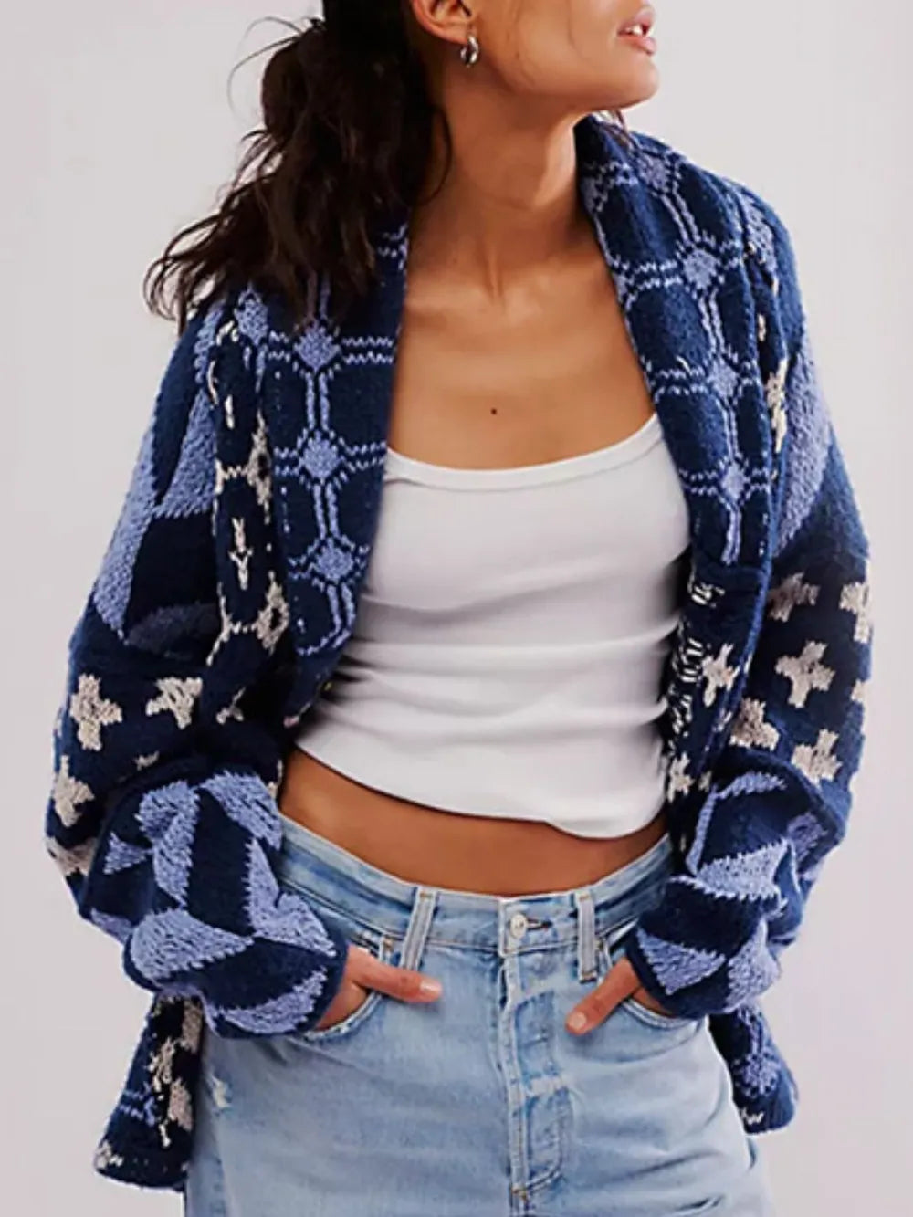 Dusty Blue One Size Collared Neck Long Sleeve Cardigan | Cardigans Daverri Fashions
