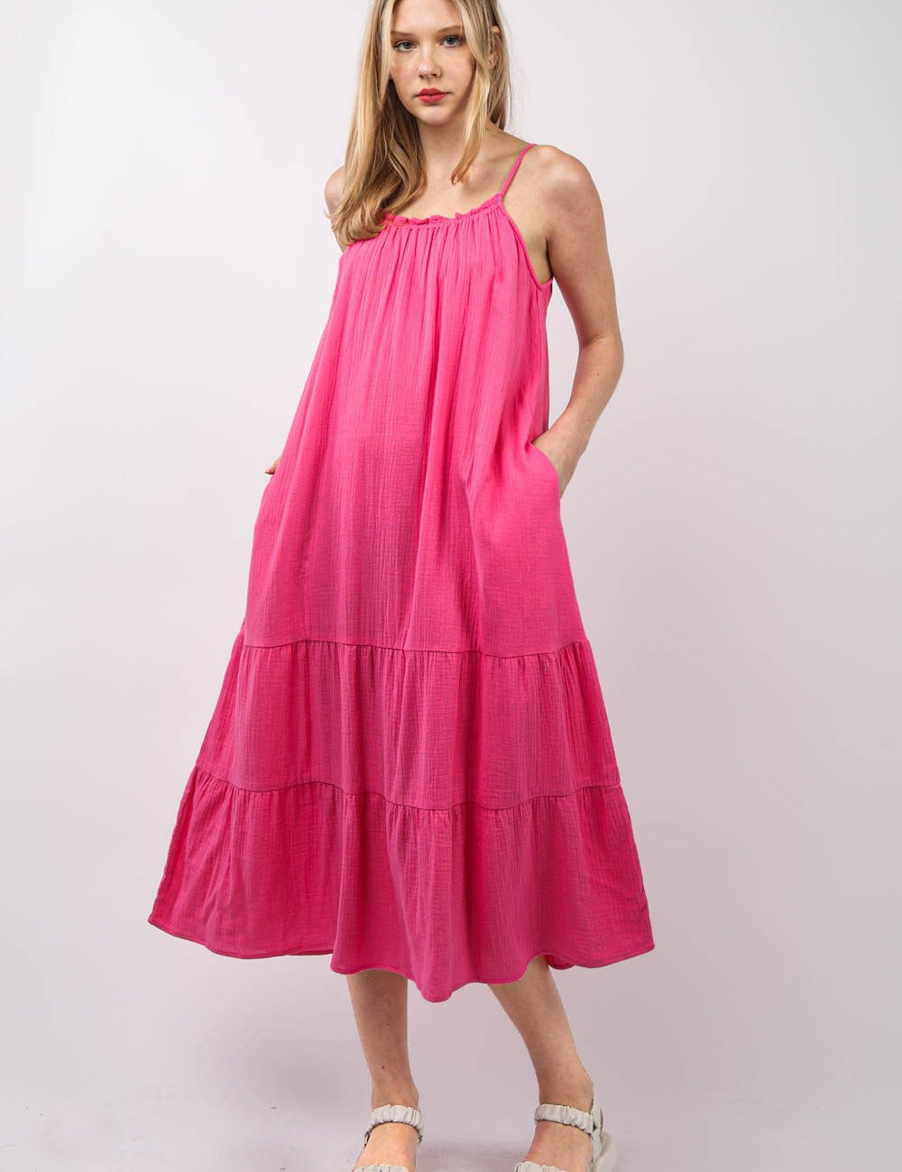 VERY J Ruffled A-Line Midi Cami Dress Fuchsia Cami Dresses